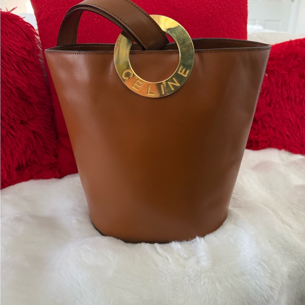 Celine Tan Leather Bucket Bag with Gold Accent